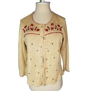 Vintage Granny Core, Cottage core Embroidered silk,  cotton Tan Cardigan Small